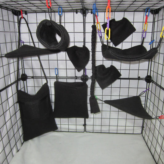 10pc Black fleece sugar glider cage set with bonding pouch, standard pouch, hammock, and accessories for an natural theme glider habitat.