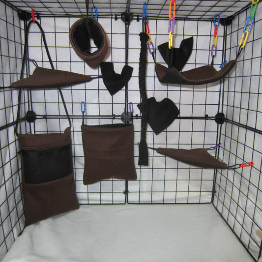 10pc brown fleece sugar glider cage set with Bonding pouch, standard pouch, hammock, and accessories for an earth theme glider habitat.