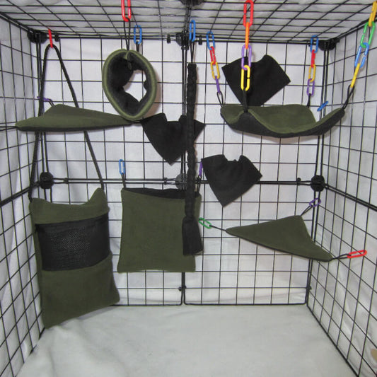 10pc Forest Green fleece sugar glider cage set with Bonding Pouch, standard pouch, hammock, and accessories for an natural theme glider habitat.