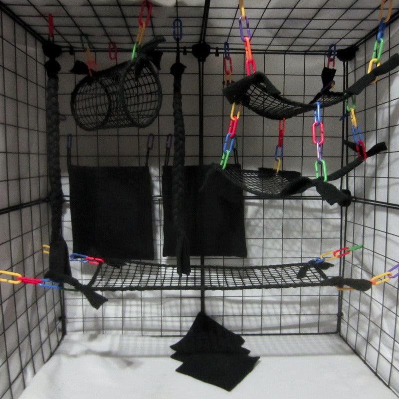 11-piece black mesh sugar glider cage set, including bedding, pouches, and accessories for small pet cages
