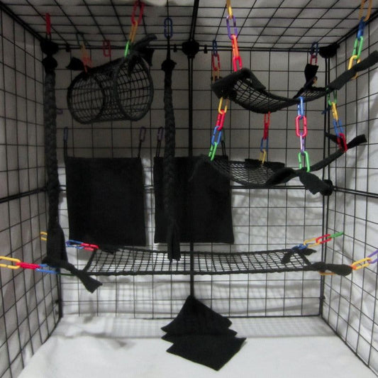 11-piece black mesh sugar glider cage set, including bedding, pouches, and accessories for small pet cages
