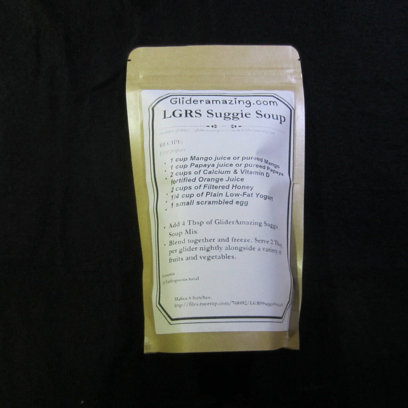 24 table spoon size Suggie soup LGRS. Back of product shows recipe for convenient meal prep for your gliders.
