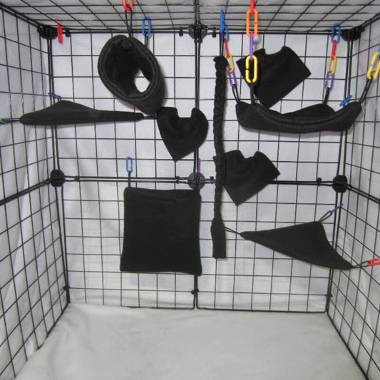 9pc Black fleece sugar glider cage set with pouch, hammock, and accessories for an natural theme glider habitat.