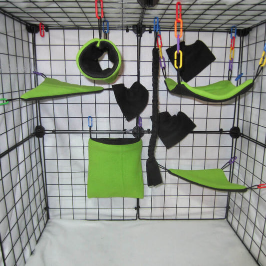 9pc Neon Green fleece sugar glider cage set with pouch, hammock, and accessories for an natural theme glider habitat.