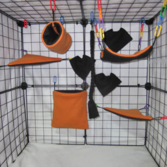 9pc Neon Orange fleece sugar glider cage set with pouch, hammock, and accessories for a bright themed glider habitat.