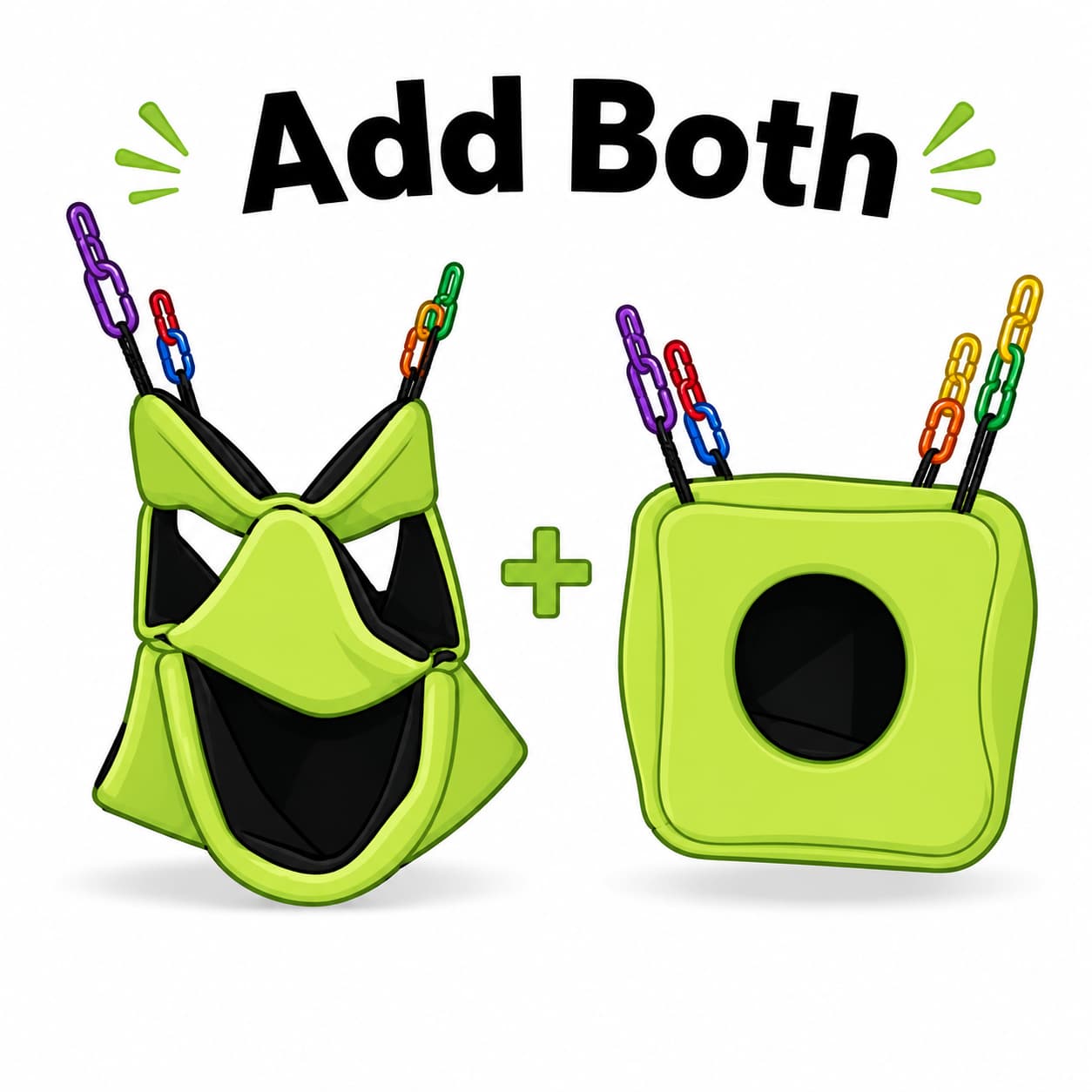 Add both graphic showing a green sugar glider 3-tier honeycomb hammock and matching fleece cube hideout.