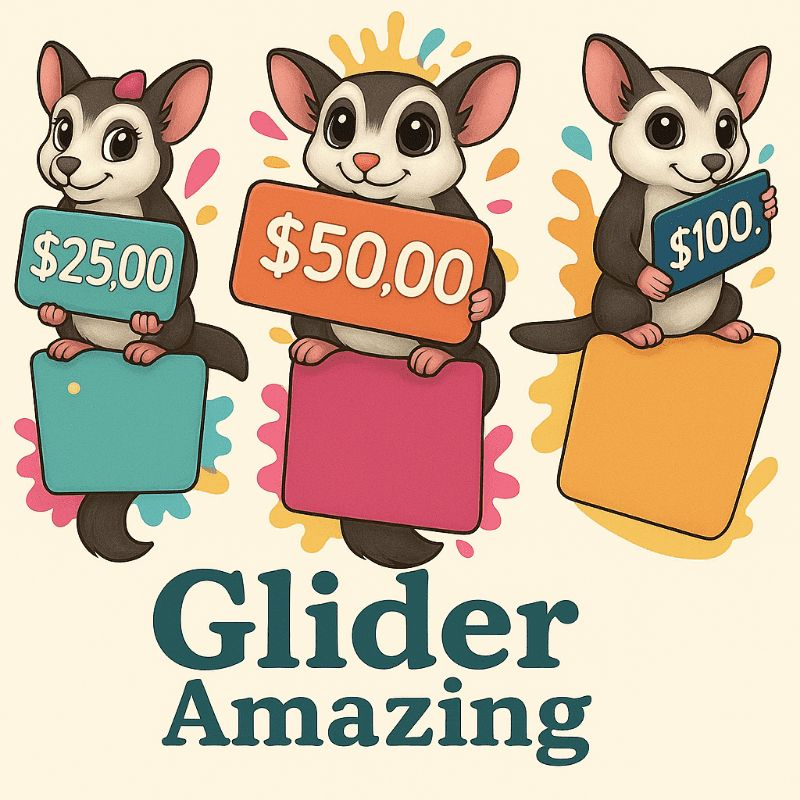 Glider Amazing Gift Cards for sugar glider lovers. Perfect for giving the gift of accessories and cage sets for your furry friends