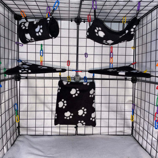 11 pc Sugar Glider Paw on Black Fleece Cage Set – Rat Cage Set & Small Pet Accessories