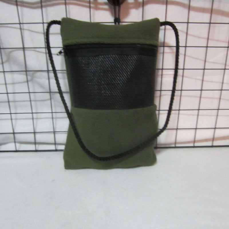 Handmade forest green fleece sugar glider bonding pouch with mesh window, 24-inch carry strap, and 8-inch zipper, designed for small pet comfort and safety.