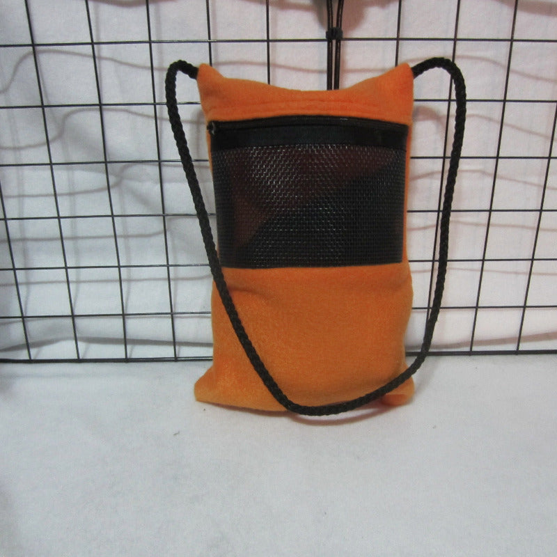 Handmade orange fleece sugar glider bonding pouch with mesh window, 24-inch carry strap, and 8-inch zipper, designed for small pet comfort and safety.