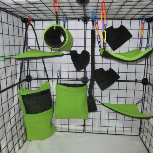 10pc Neon Green fleece sugar glider cage set with bonding pouch, standard pouch, hammock, and accessories for an natural theme glider habitat.