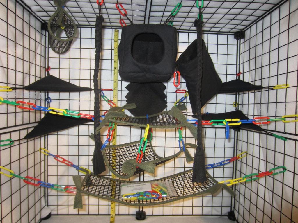 15-piece forest green mesh sugar glider cage set with cube-style pouches, hammocks, and breathable accessories.