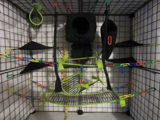 15-piece neon green mesh sugar glider cage set with cube-style pouches, hammocks, and breathable accessories.