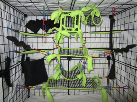 15-piece neon green mesh sugar glider cage set shown inside a metal cage, featuring breathable cube hideouts, tunnels, and hanging accessories for active small pets.