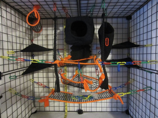 15-piece neon orange mesh sugar glider cage set arranged inside a Critter Nation-style cage, featuring cube-shaped pouches and hanging accessories for small pet enrichment.