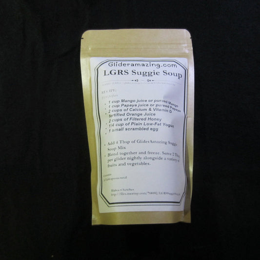 24 table spoon size Suggie soup LGRS. Back of product shows recipe for convenient meal prep for your gliders. 