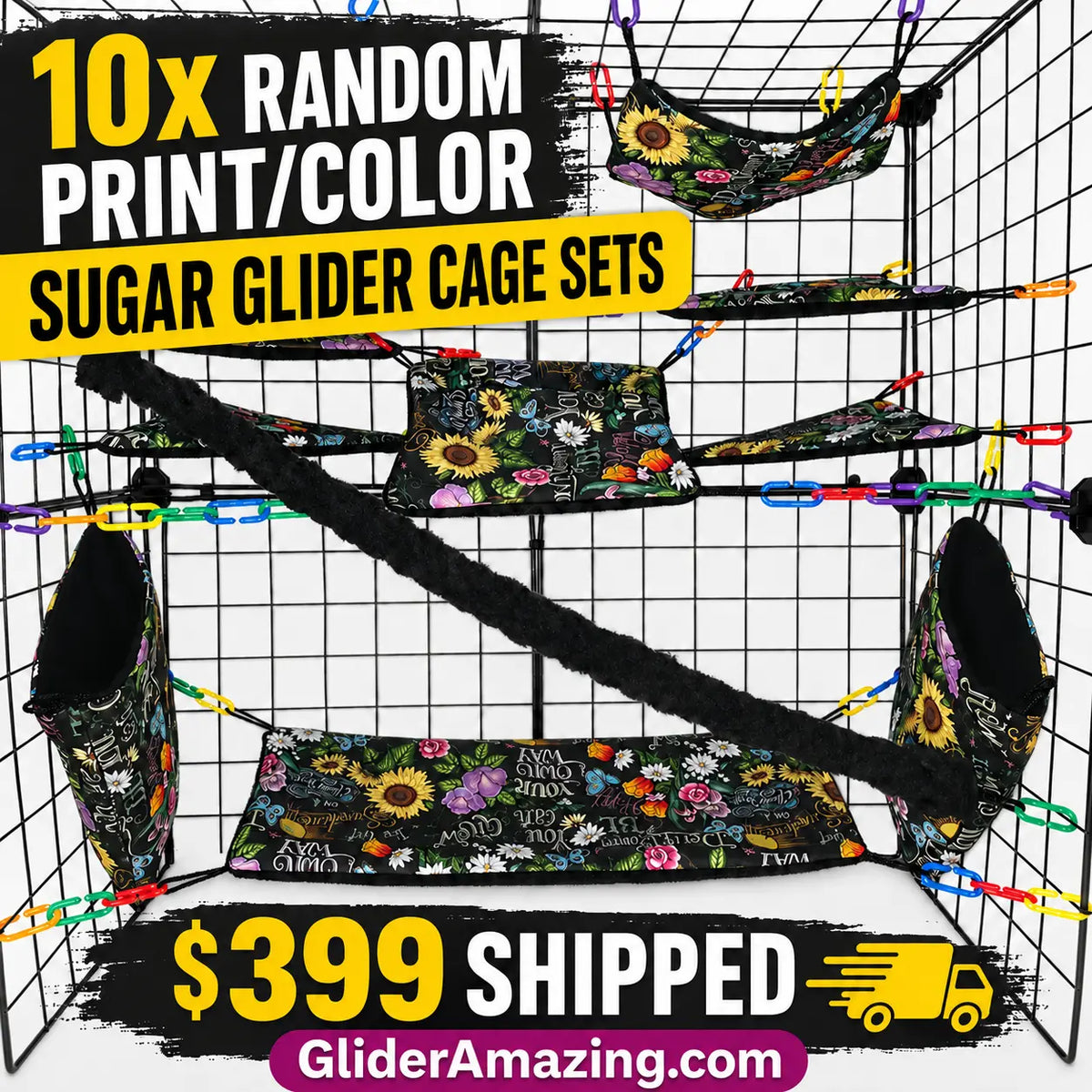 Bulk 10X Random Print/ Color Sugar Glider Fabric Cage Set Lot – Breeder Pack