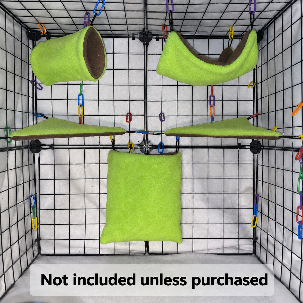 Green sugar glider fleece extension set with pouch, hammock, and corner shelves installed in a wire cage.