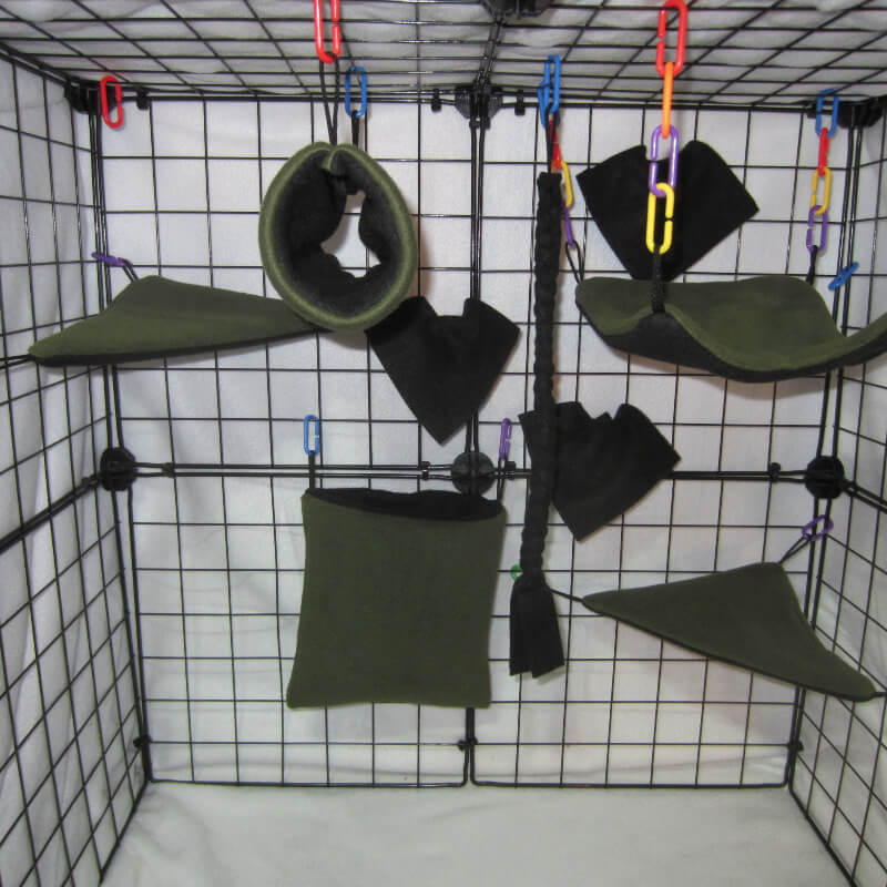 9pc Forest Green fleece sugar glider cage set with pouch, hammock, and accessories for an natural theme glider habitat.