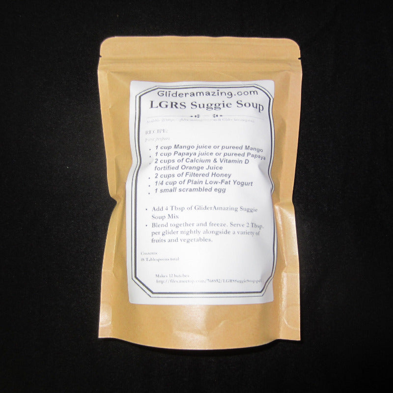 Back of the 48 tablespoon size sugar glider diet sold by Glideramazing.com called LGRS Suggie Soup. This part of the packaging shows all you need to know to make the product. 