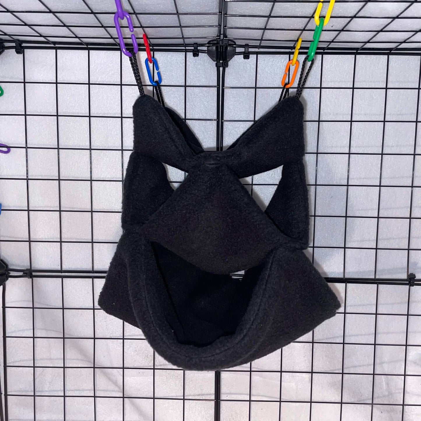 Black fleece 3-tier honeycomb hammock for sugar gliders, made for cozy nesting, climbing, and cage enrichment. Soft handmade cage accessory.