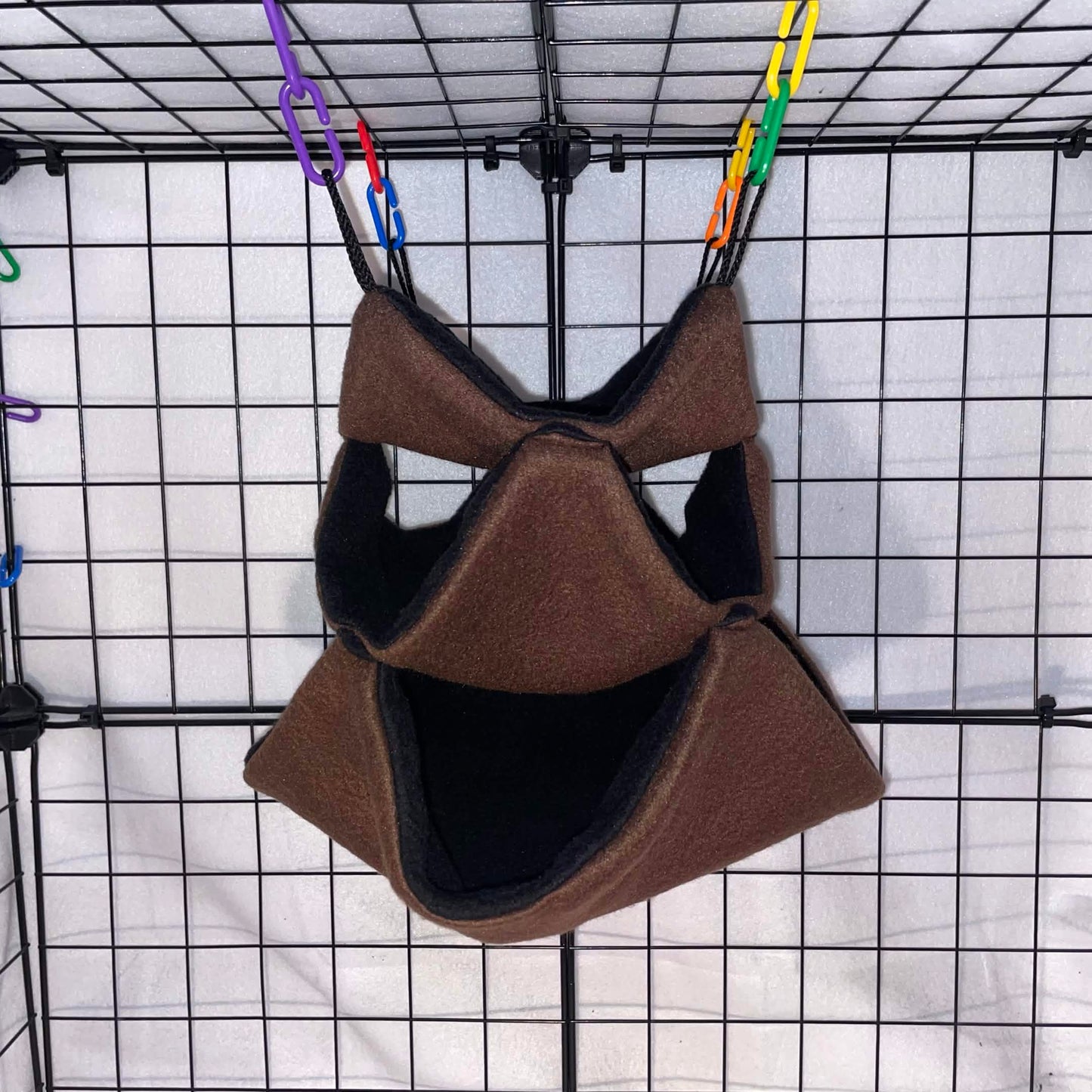 Brown fleece 3-tier honeycomb hammock for sugar gliders, made for cozy nesting, climbing, and cage enrichment. Soft handmade cage accessory.