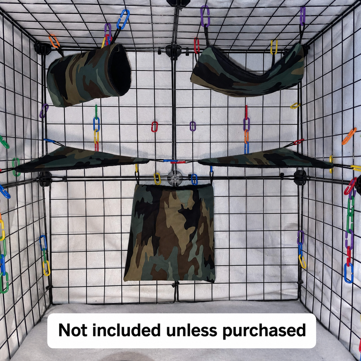 Camo print sugar glider expansion set in a display cage with tunnel, hammock, corner shelves, and hanging pouch with black interior fleece.