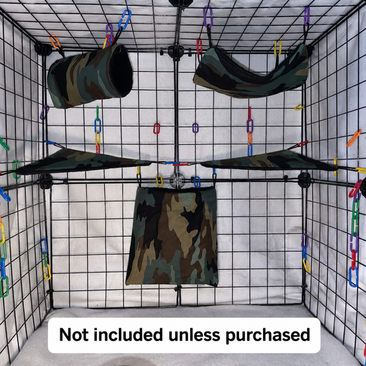 Camo print sugar glider expansion set in a display cage with tunnel, hammock, corner shelves, and hanging pouch with black interior fleece.