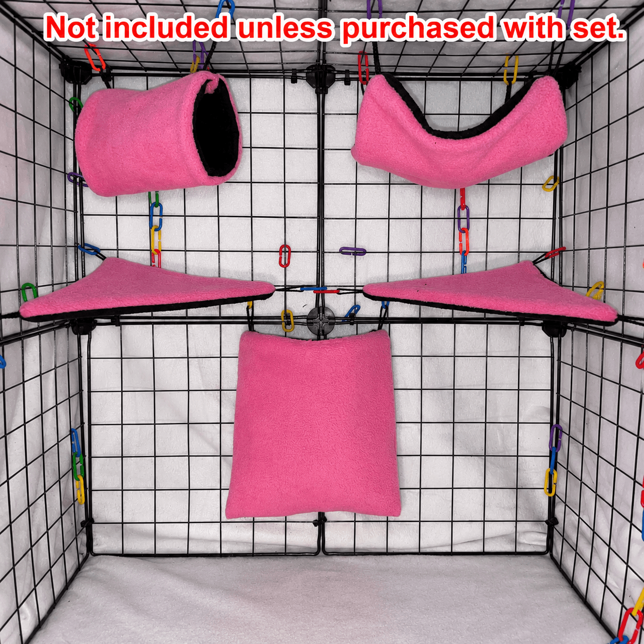 Sugar glider cage set with 5 pieces in hot pink and black fleece.