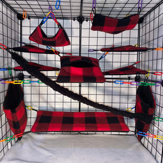11 pc Sugar Glider Red Plaid Fleece Cage Set – Rat Cage Set & Small Pet Accessories
