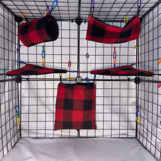 11 pc Sugar Glider Red Plaid Fleece Cage Set – Rat Cage Set & Small Pet Accessories