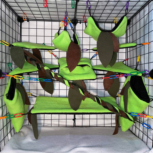 11 pc Sugar Glider Fleece Cage Set - Neon Green with Leaves - Small Animal Bedding Accessories