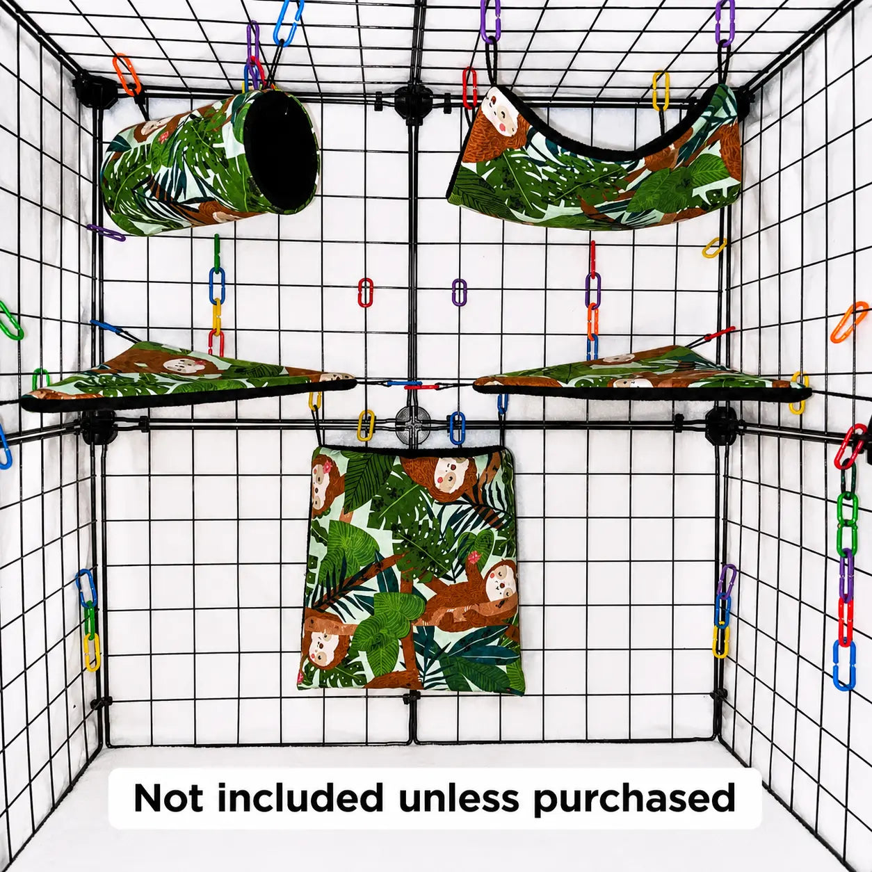 Tropical sloth print sugar glider expansion set in a display cage with tunnel, hammock, corner shelves, and hanging pouch with black interior fleece.