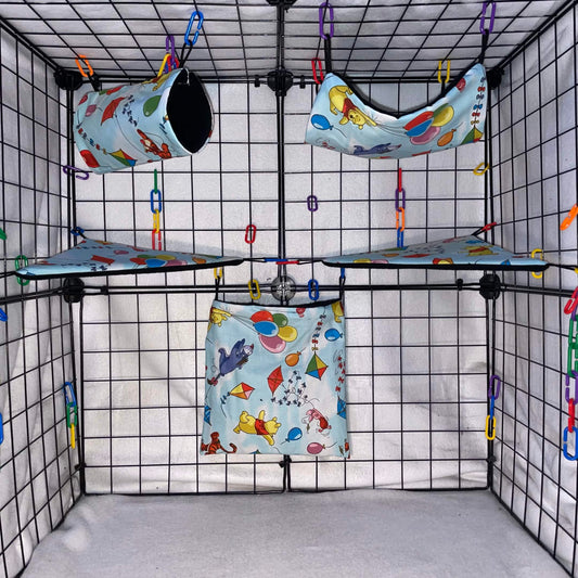 Light blue balloon and kite print sugar glider expansion set with tunnel, hammock, corner shelves, and hanging fleece pouch.