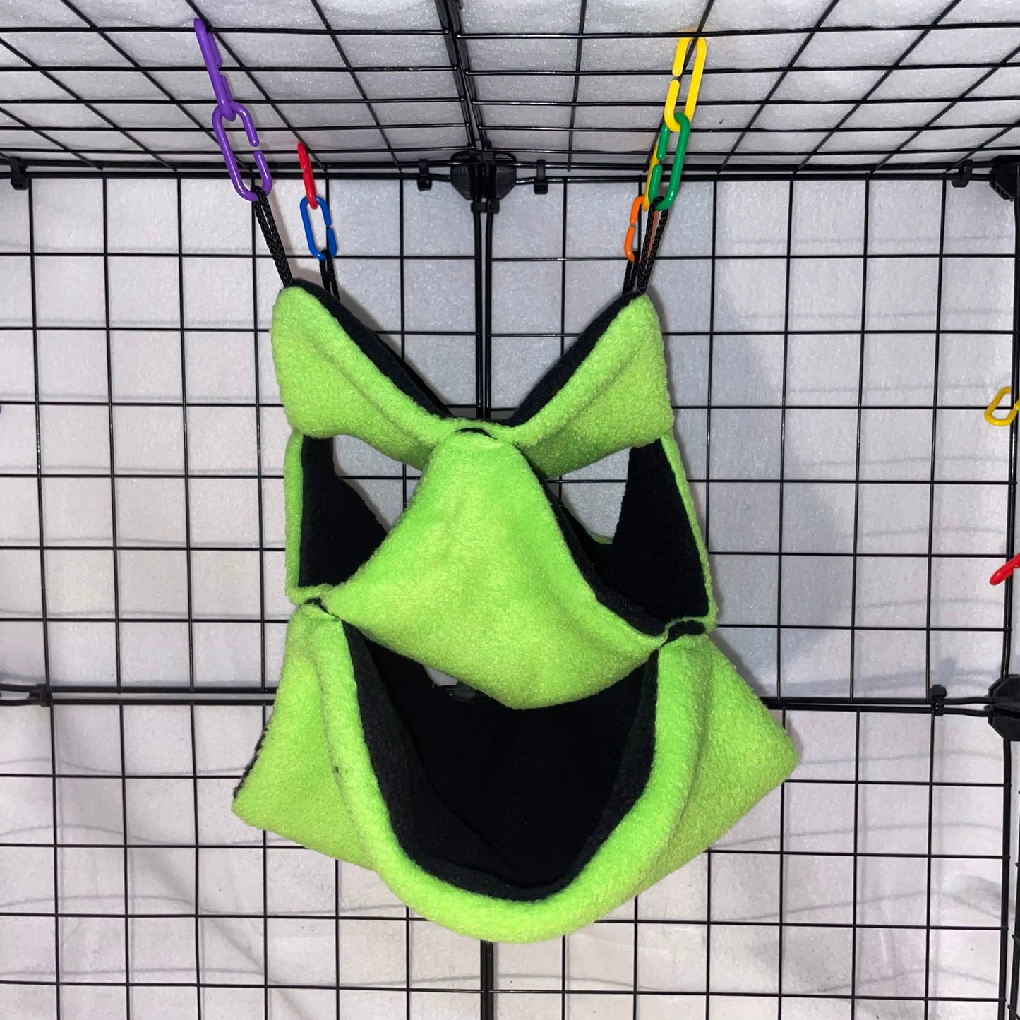 Neon green fleece 3-tier honeycomb hammock for sugar gliders, made for cozy nesting, climbing, and cage enrichment. Handmade in the USA.