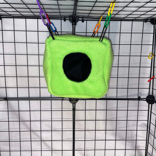 Neon green fleece sugar glider cube hideout made for cozy sleeping, climbing, and cage enrichment. Soft handmade cage accessory for pet gliders.