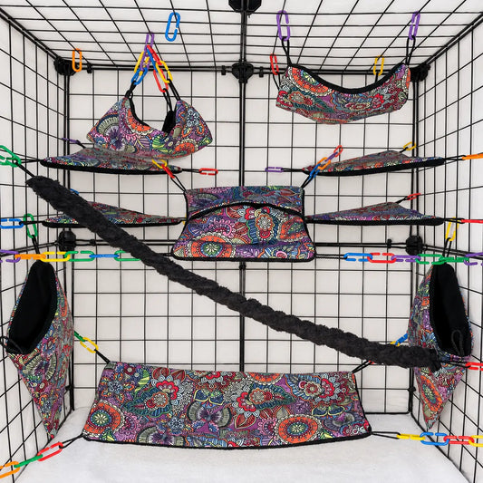 11 pc Sugar Glider Boho Paisley Fabric Cage Set – Rat Cage Set & Small Pet Accessories