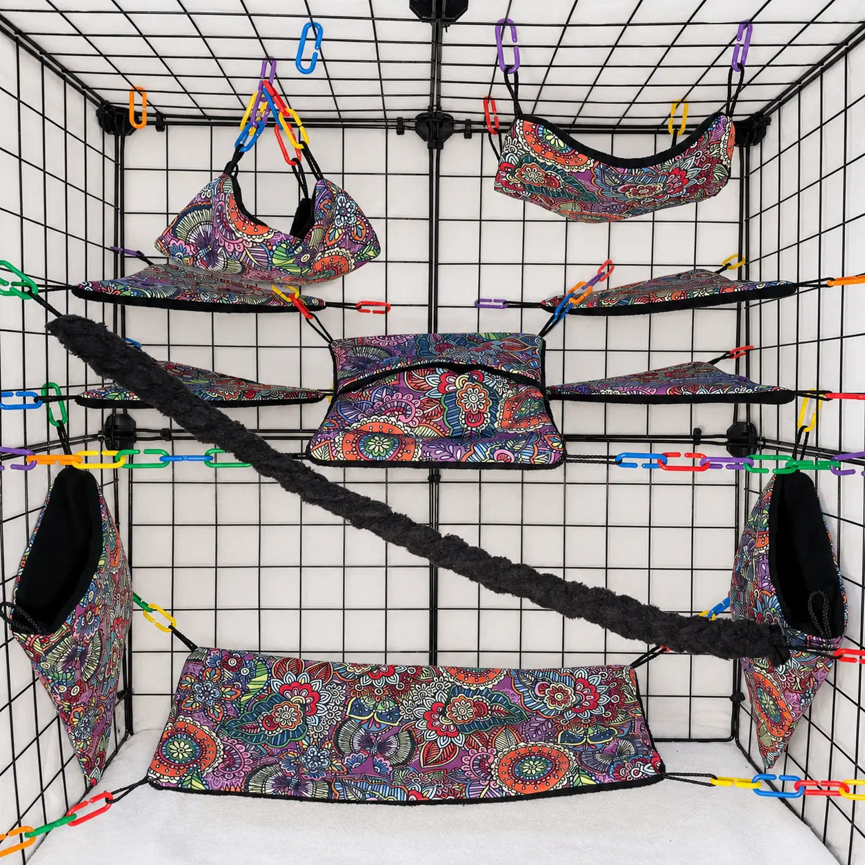 Paisley print sugar glider cage set with hammocks, pouches, bridges, shelf liners, and fleece vine. Handmade cage accessories for pet gliders.