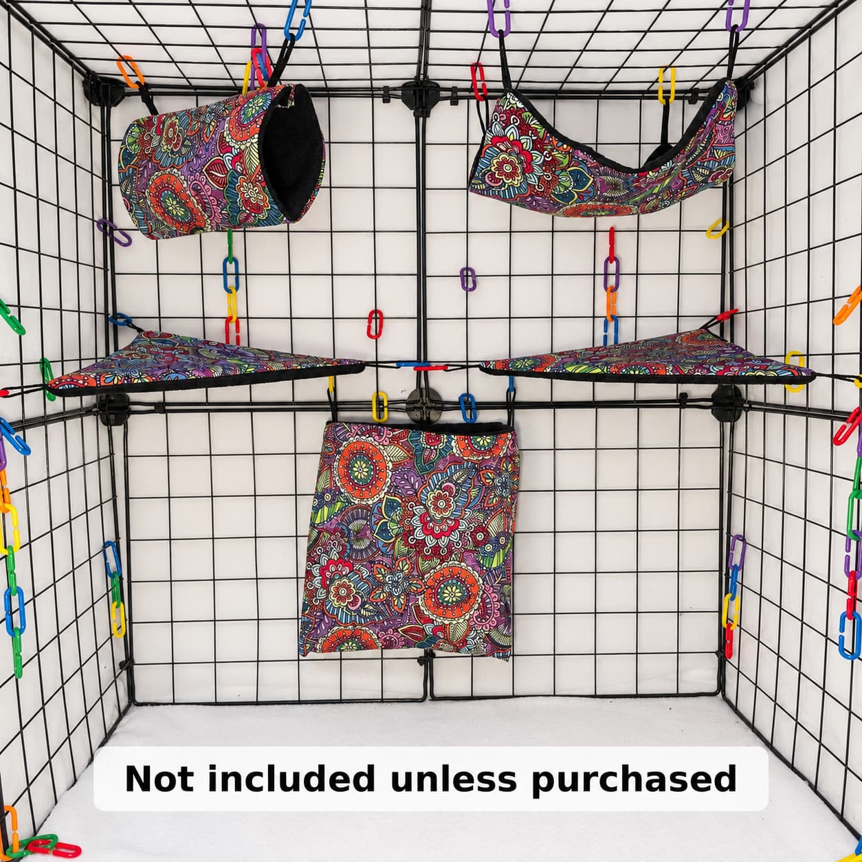 Paisley print sugar glider expansion set with tunnel, hammock, shelves, and fleece accessories. Handmade cage add-ons for cozy glider play.