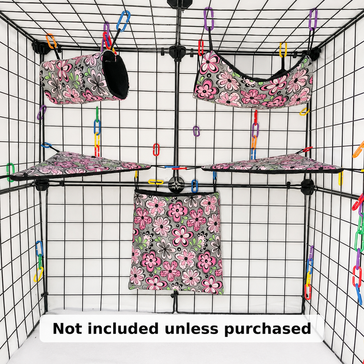 Pink floral print sugar glider expansion set with tunnel, hammock, shelves, and fleece accessories. Handmade cage add-ons for cozy glider play.