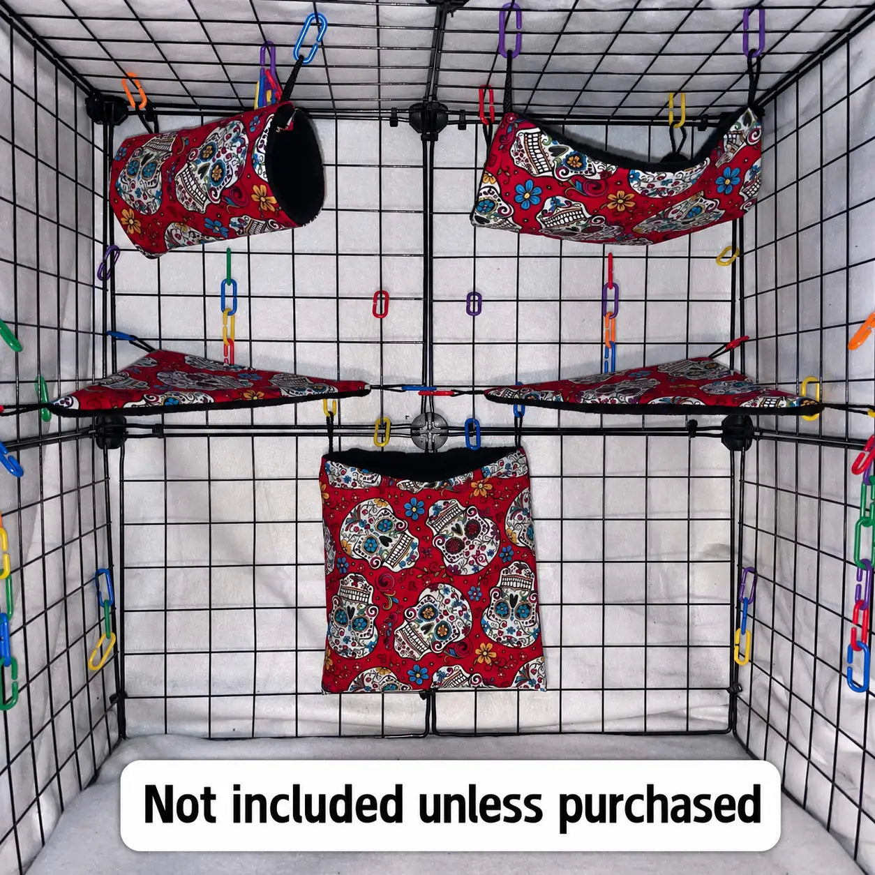 Red sugar skull sugar glider expansion cage set with black fleece for interior of pouches, hammock, corner shelves, and colorful C-links inside a display cage.