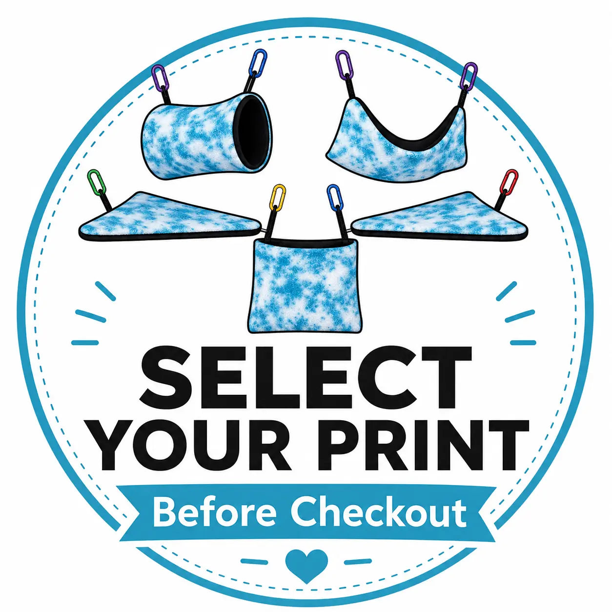 Select your print before checkout graphic for a 5-piece sugar glider cage set with blue tie-dye bedding illustrations.