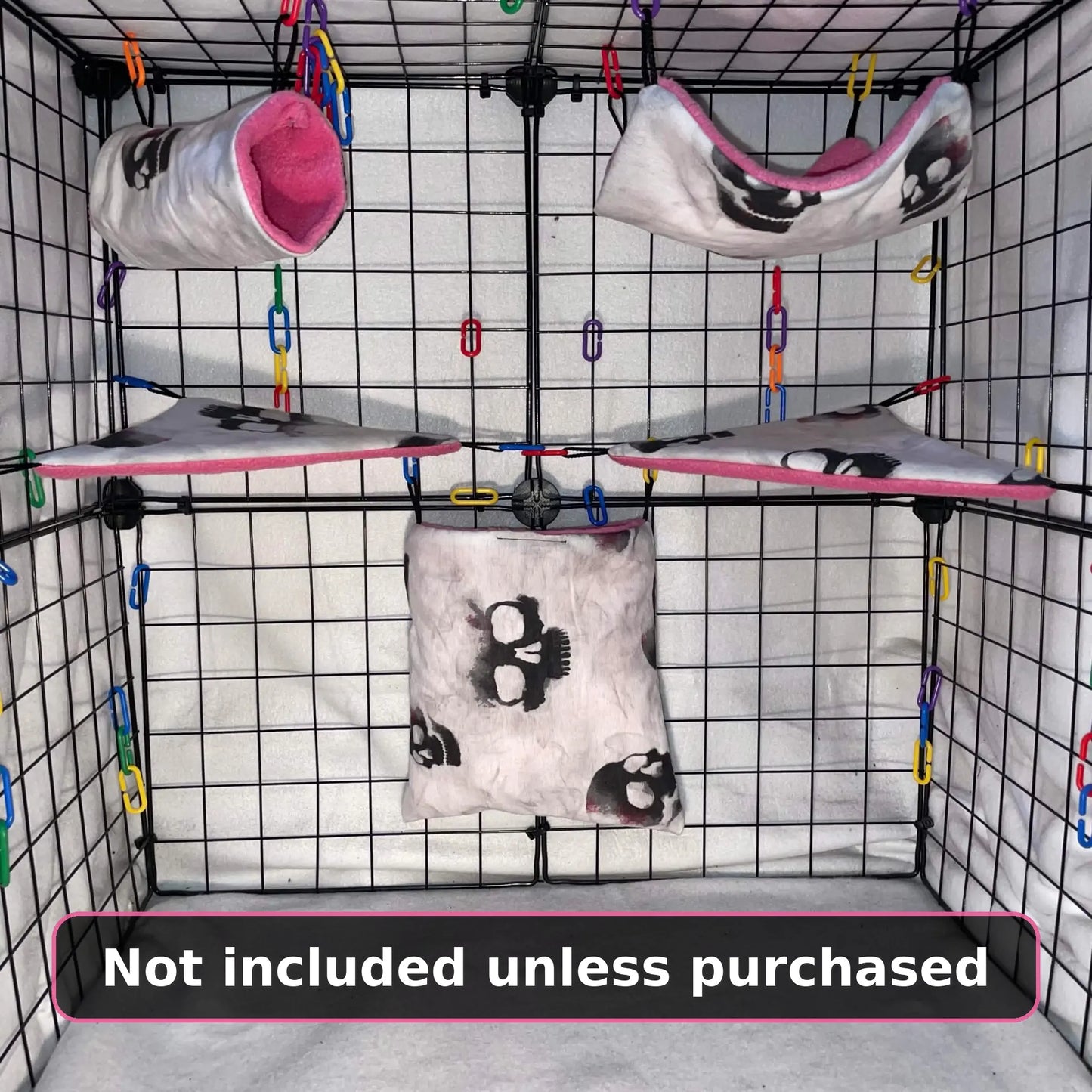 11 pc Sugar Glider Skulls on Pink Fabric Cage Set – Small Pet Accessories