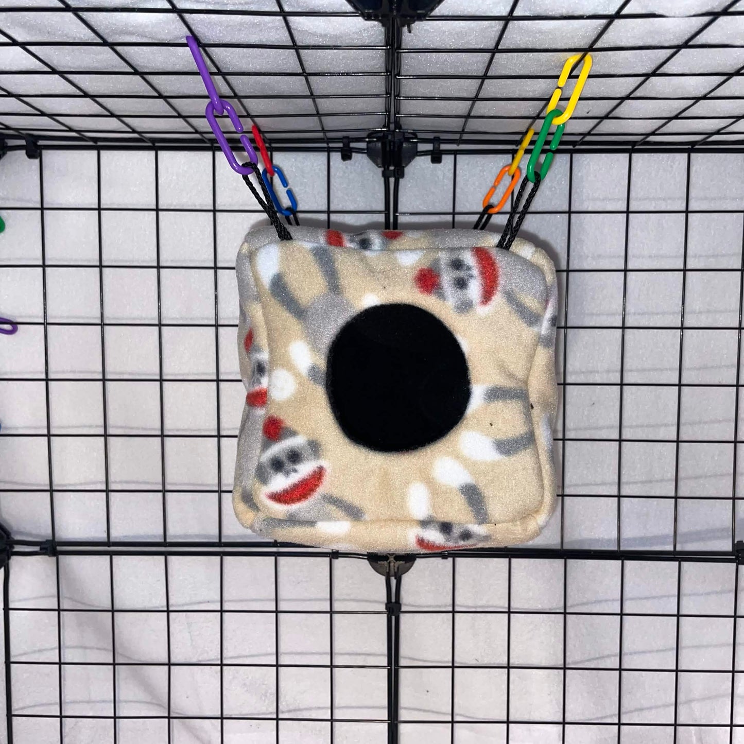 Sock monkey print sugar glider cube hideout made with soft fleece for cozy sleeping, climbing, and cage enrichment. Handmade in the USA.