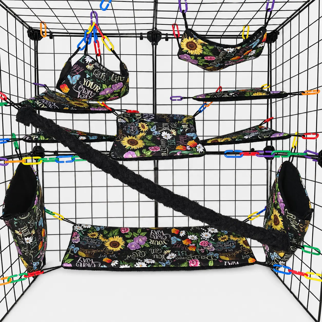 Sunflower floral sugar glider cage set with hammocks, pouches, bridges, shelf liners, and fleece vine. Handmade cage accessories for pet gliders.