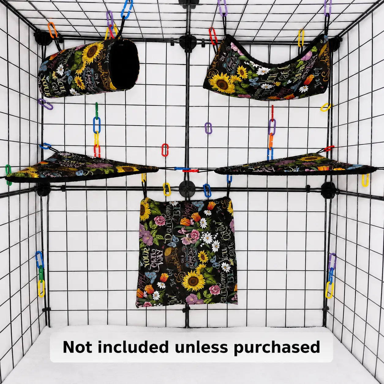 Sunflower floral sugar glider expansion set with tunnel, hammock, shelves, and fleece accessories. Handmade cage add-ons for cozy glider play.