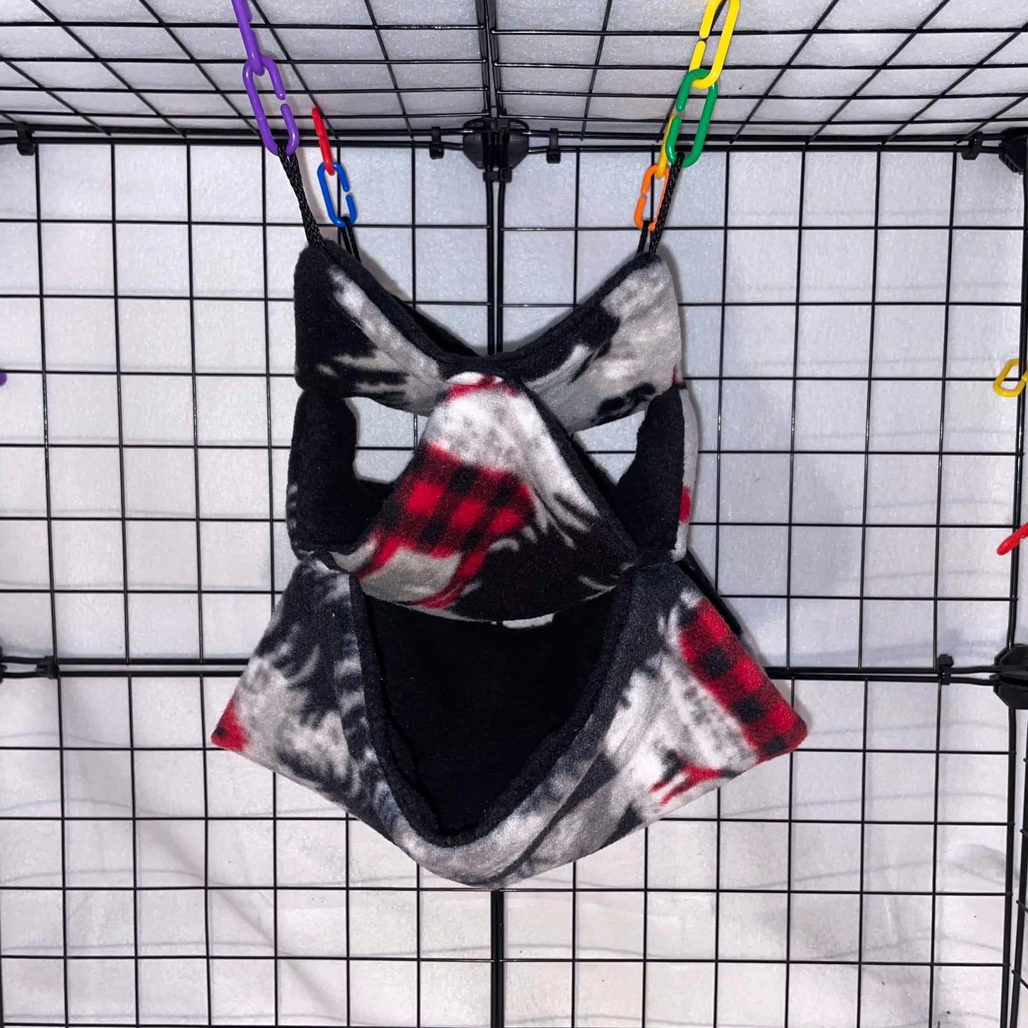Woodsman print 3-tier honeycomb hammock for sugar gliders, made with soft fleece for cozy nesting, climbing, and cage enrichment.