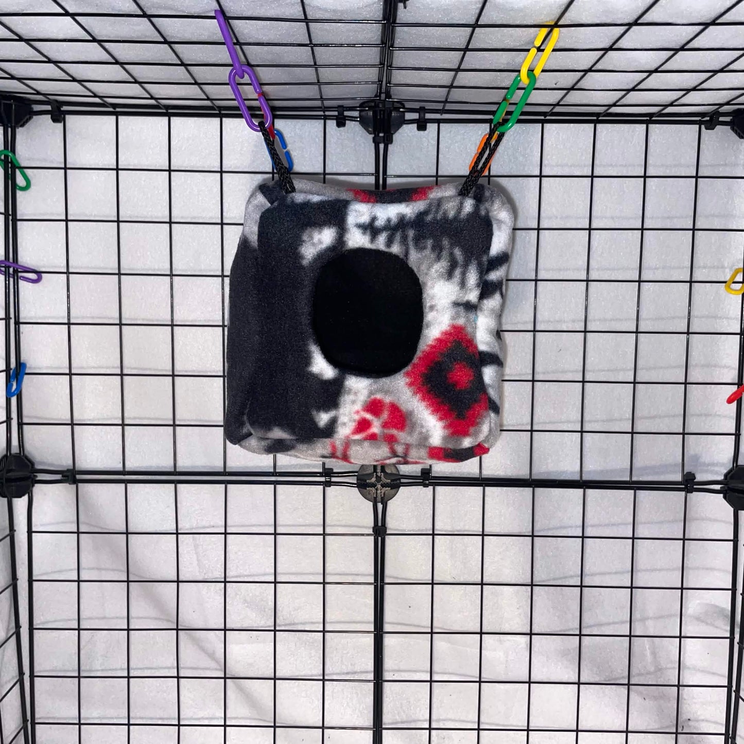 Woodsman print sugar glider cube hideout made with soft fleece for cozy sleeping, climbing, and cage enrichment. Handmade in the USA.