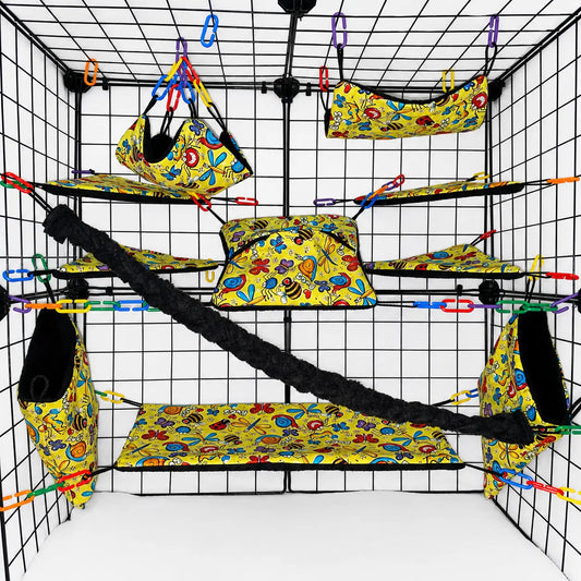 Yellow bug print sugar glider cage set with hammocks, pouches, bridges, and black fleece vine.