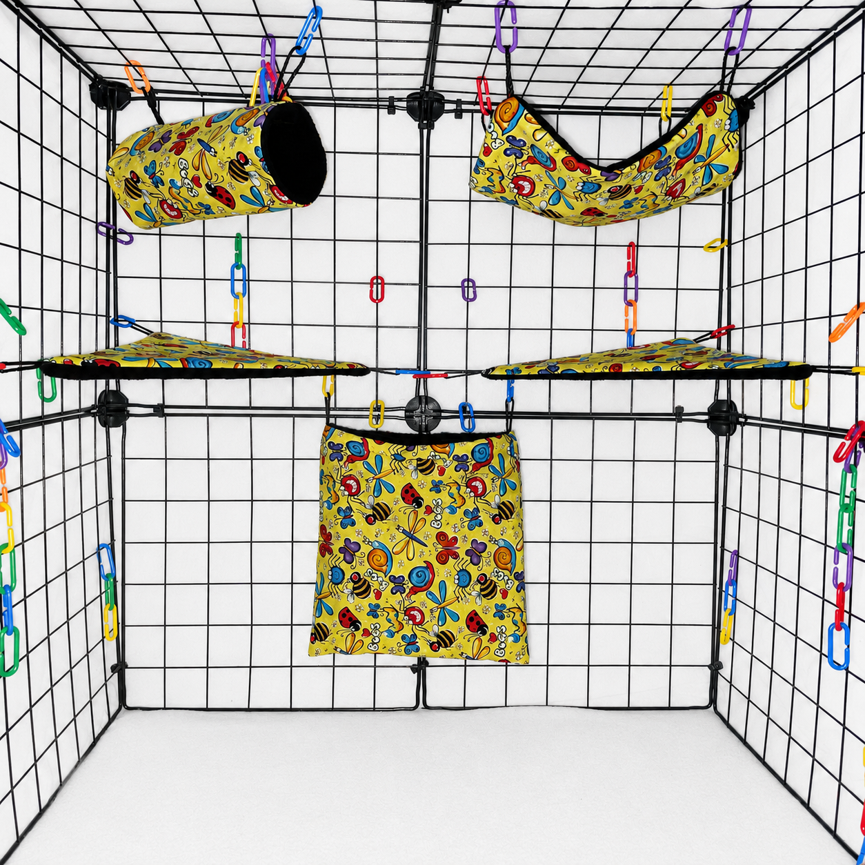Yellow bug print sugar glider expansion set with tunnel, hammock, corner shelves, and hanging fleece pouch.